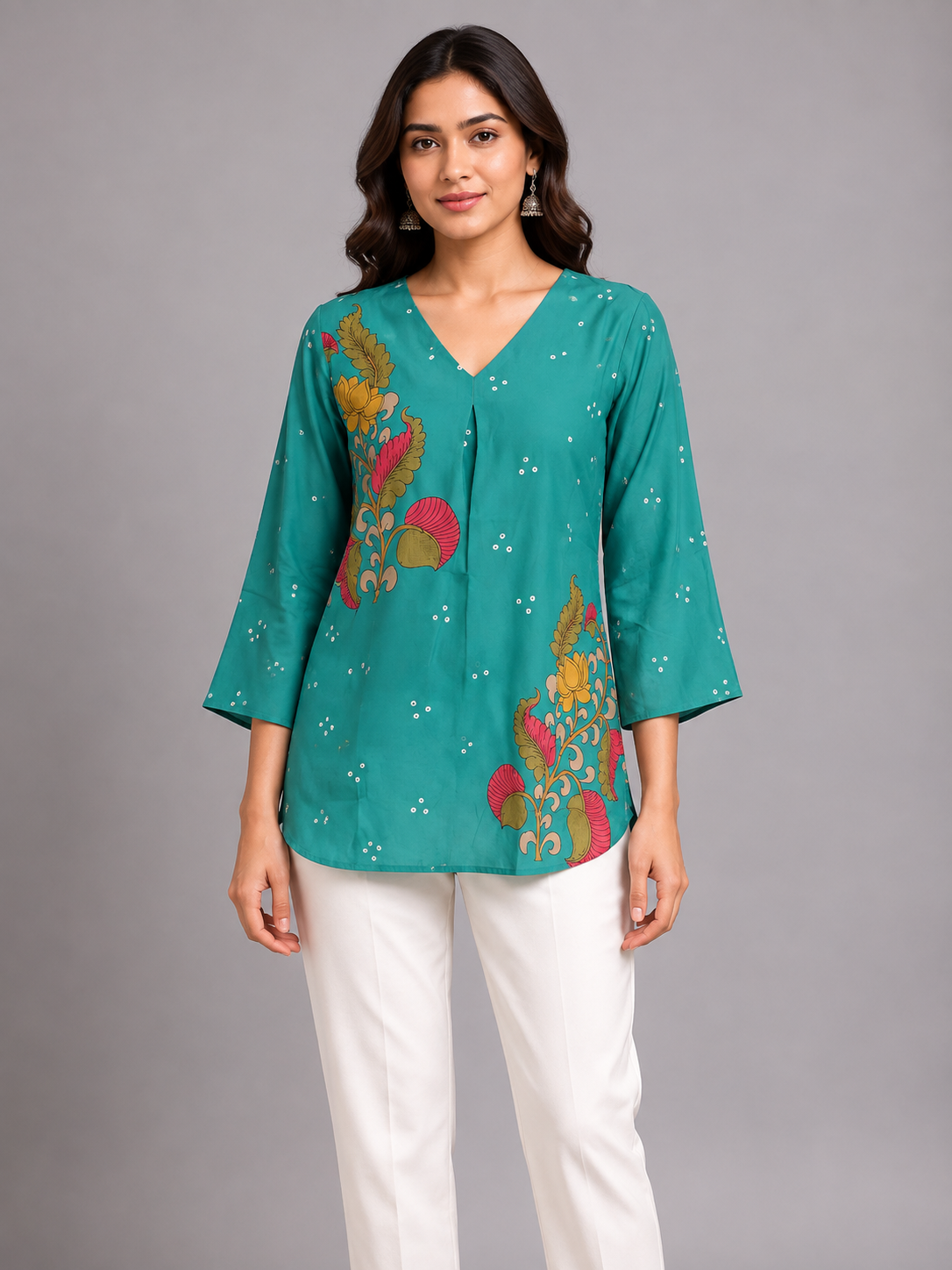 Teal Turquoise Printed Silk Short Kurta